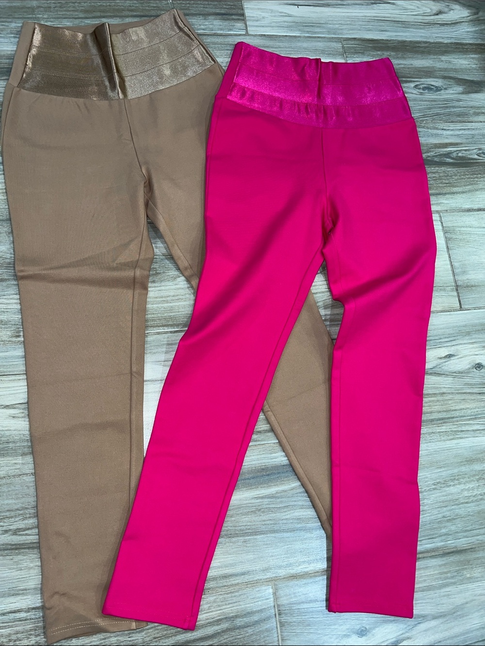 Michel Two-Piece Stretch Set in Hot Pink and Tan